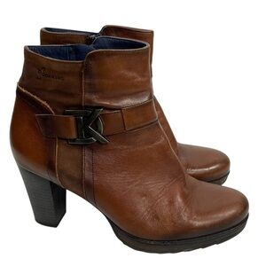 DORKING by FLUCHOS Brown Leather Block Heeled Boots Side Zip Size 38/7.5